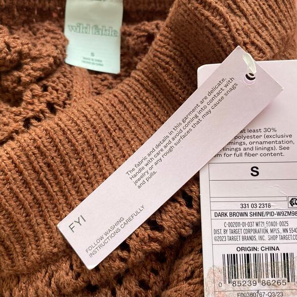 NEW WILD FABLE Open Knit Wide Leg Pants Brown Metallic Small Slit Hem Pull On - Picture 5 of 6